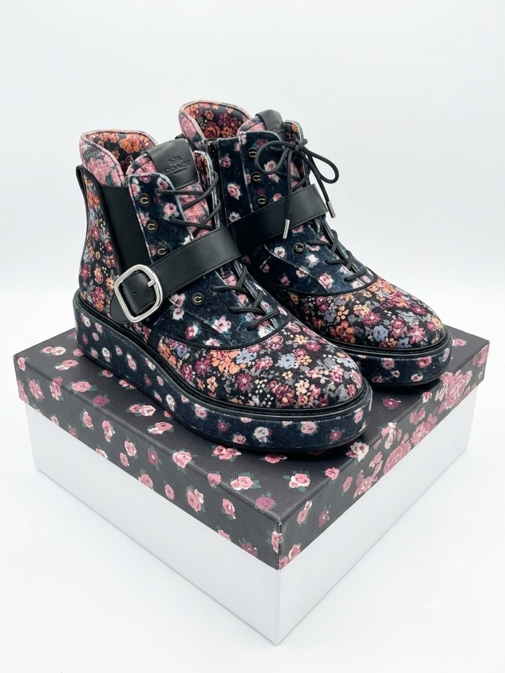 Coach Floral Lace-Up Ankle Boots in Black with Pink & Multicolor Floral Print - Picture 1 of 9